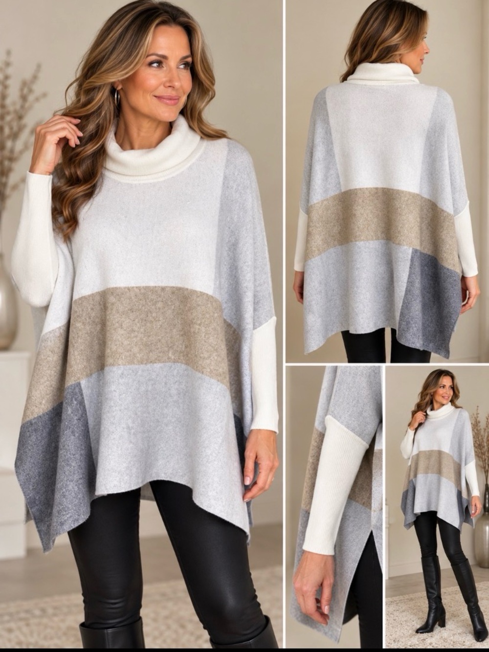 Joseph Ribkoff Colorblock Poncho Sweater Cowl Neck Asymmetrical M/L